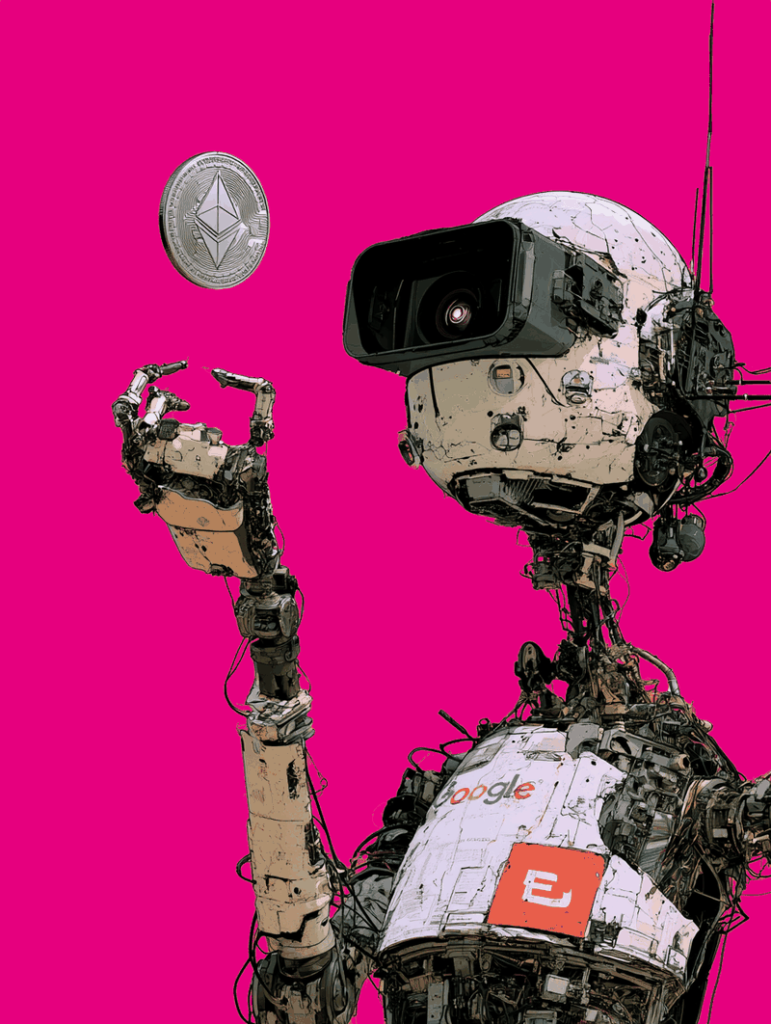 Robot marked with the Google logo holding an Ethereum coin, representing GEO and AI SEO for crypto projects