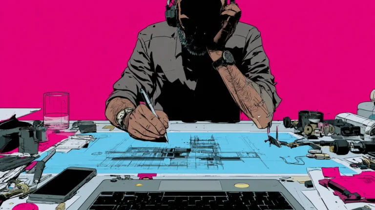 Architecture keywords for firm and studio SEO: an architect drafting over a blueprint on a magenta desk