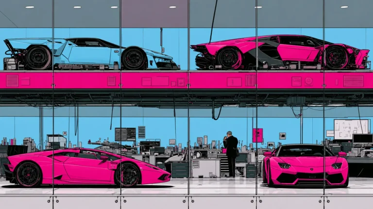 Automotive keywords for car dealership SEO: dealership showroom with sports cars above the service and parts floor