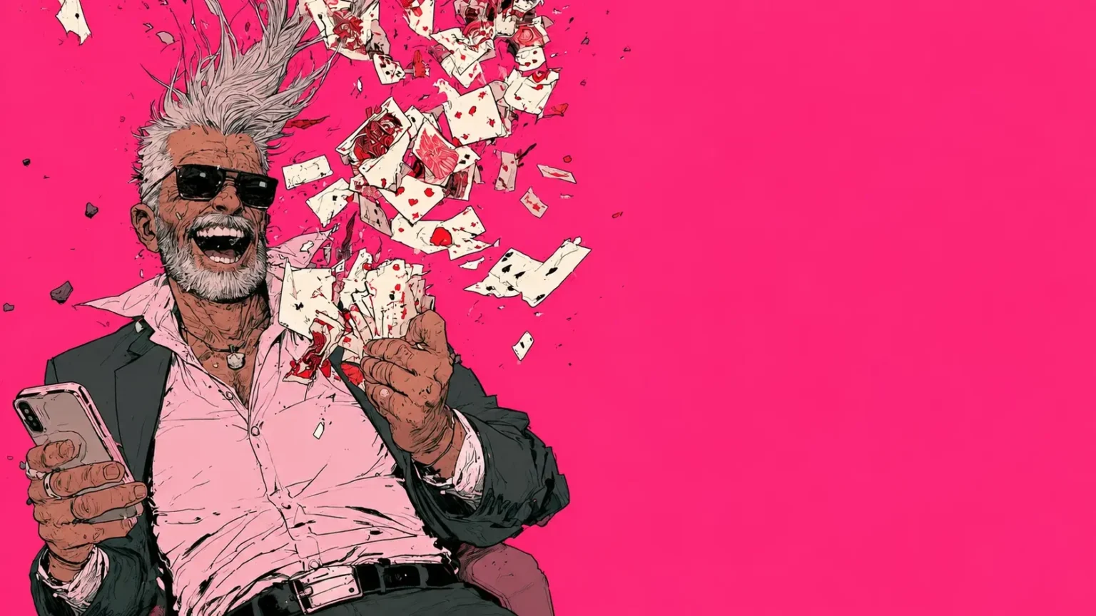 Man in sunglasses laughing as playing cards burst apart, phone in hand, on a magenta background