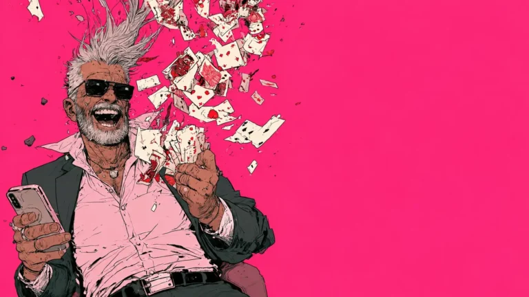 Man in sunglasses laughing as playing cards burst apart, phone in hand, on a magenta background