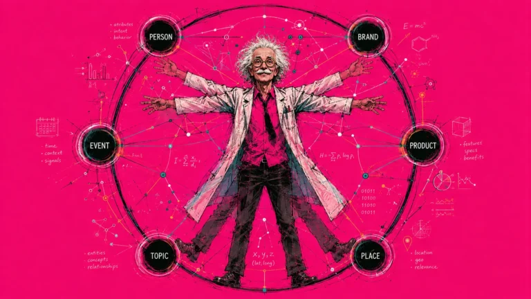 Entity SEO illustrated: a scientist at the centre of a knowledge graph linking person, brand, product, place, topic and event entities