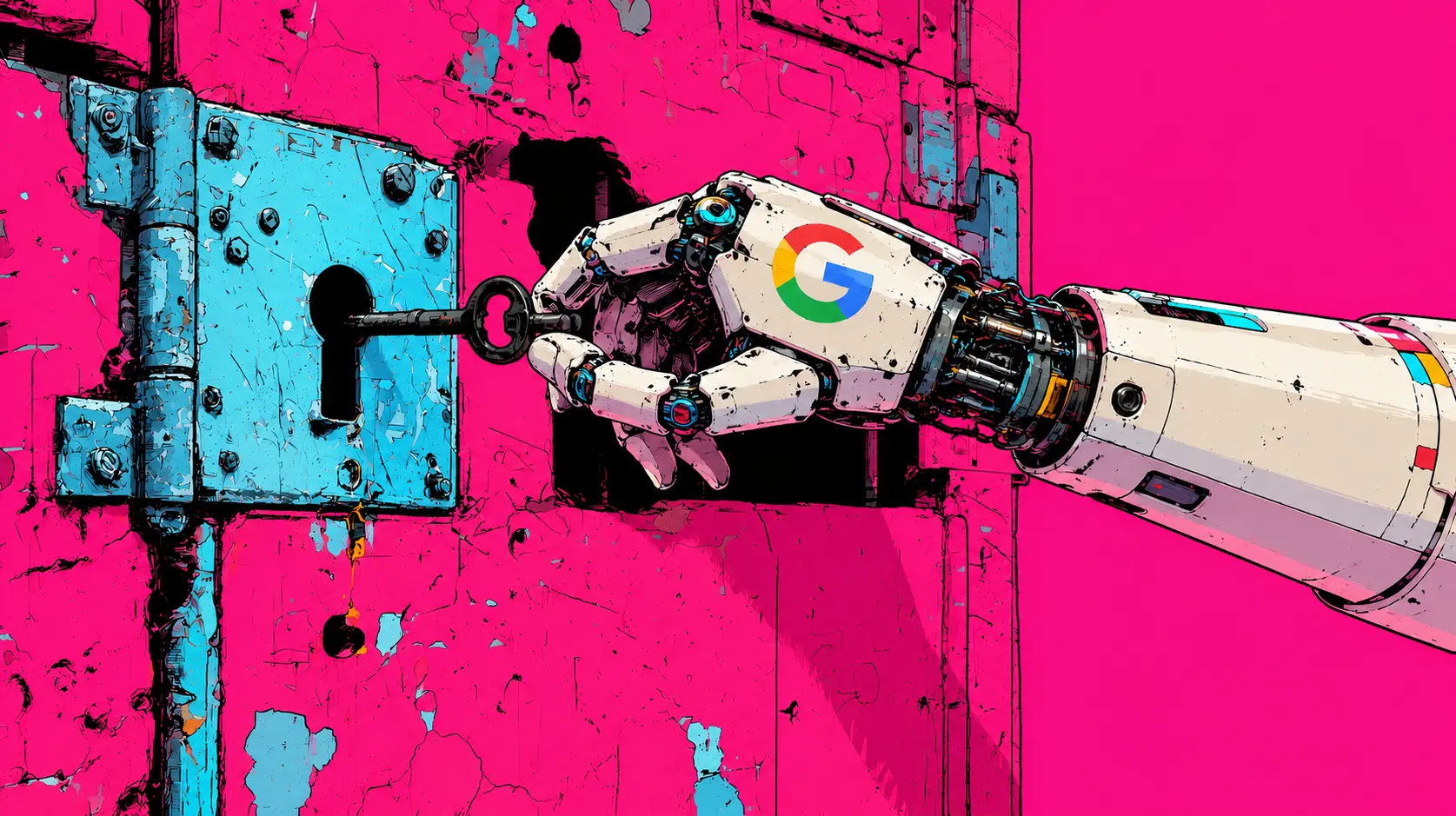 Penalty checker illustration: a robot hand branded with the Google G turning a key in the lock of a battered door, the shape a Google penalty leaves when a site is shut out of page one