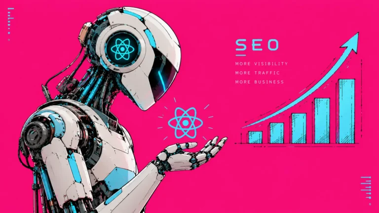 Robot holding the React logo beside a rising bar chart labelled SEO: more visibility, more traffic, more business