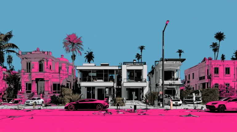 Real estate keywords for agent and brokerage SEO: a street of listed homes in a stylized pink and blue neighborhood