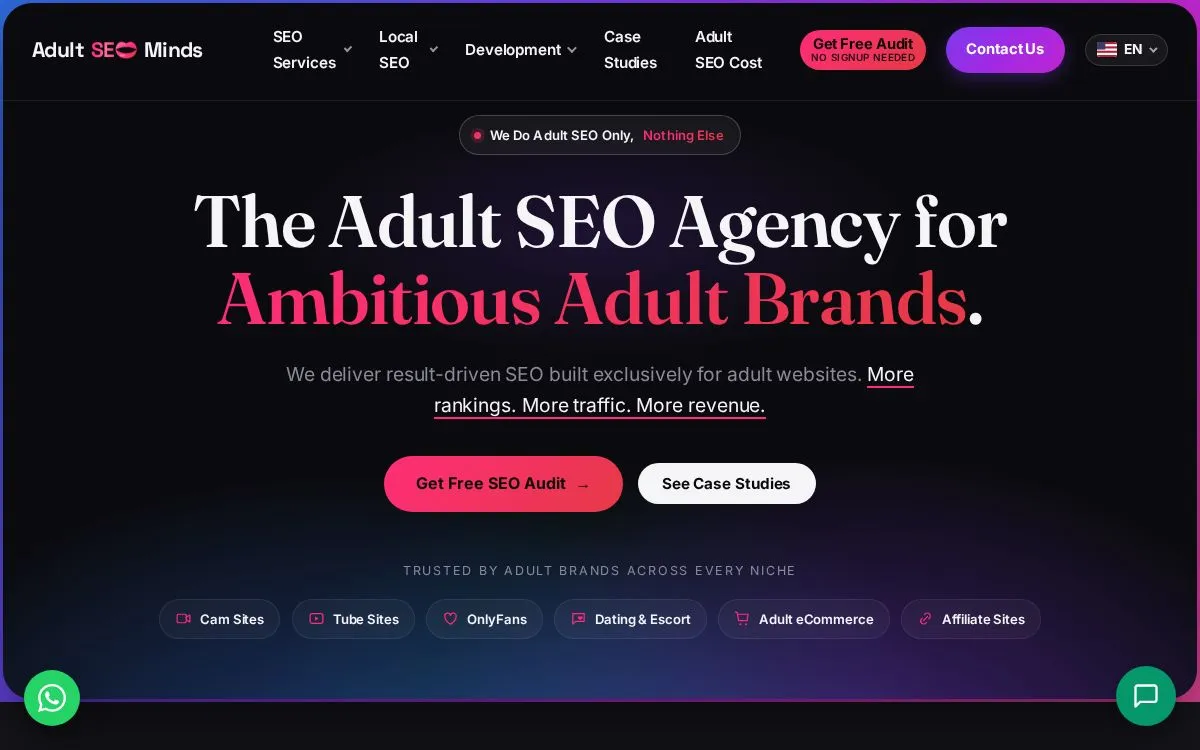 Adult SEO Agency (Adult SEO Minds): the measured page, above the fold, captured 2026-09-18