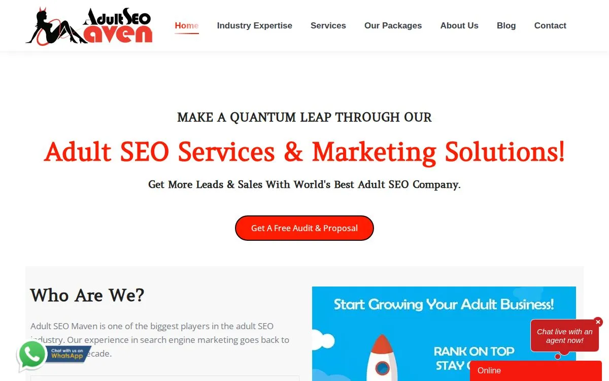 Adult SEO Maven: the measured page, above the fold, captured 2026-09-18