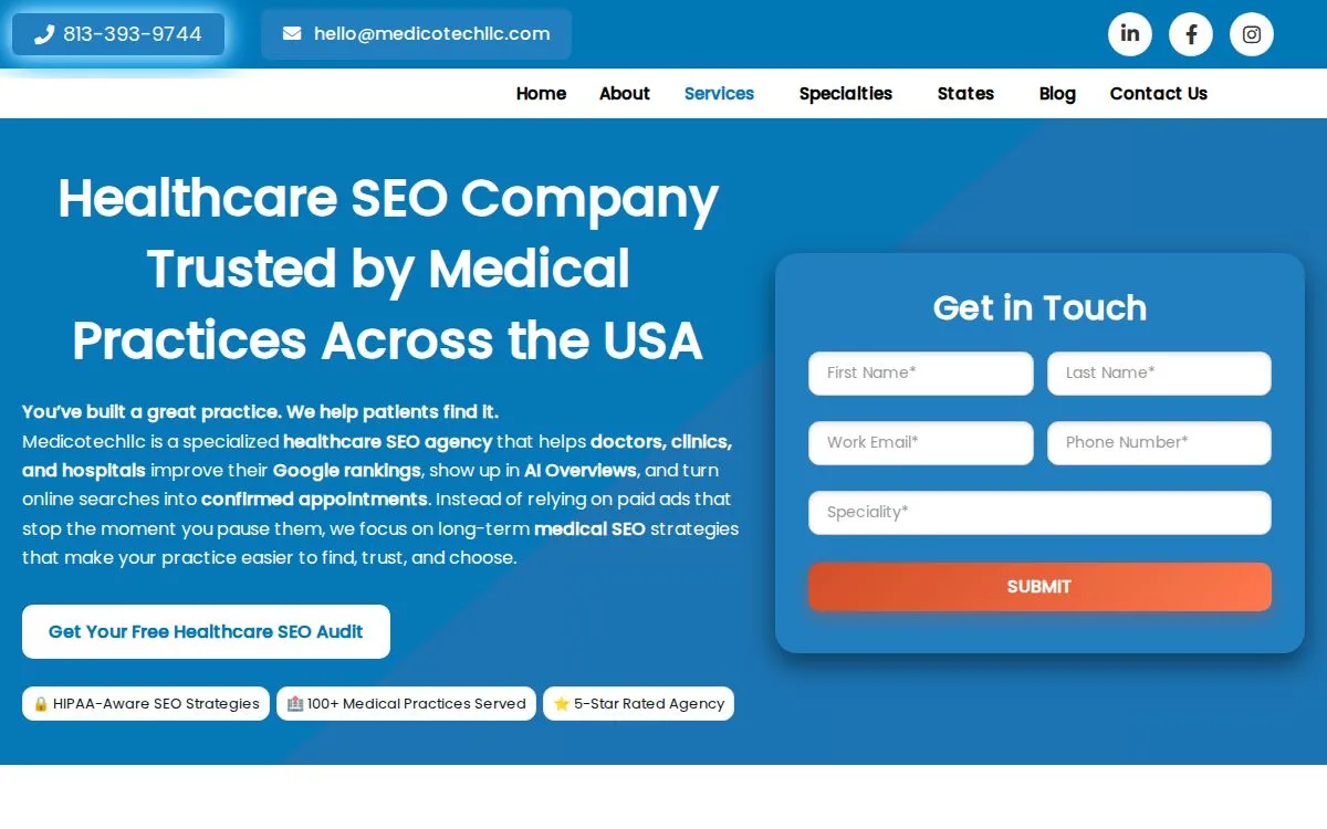 Medicotech: the measured page, above the fold, captured 2026-09-18
