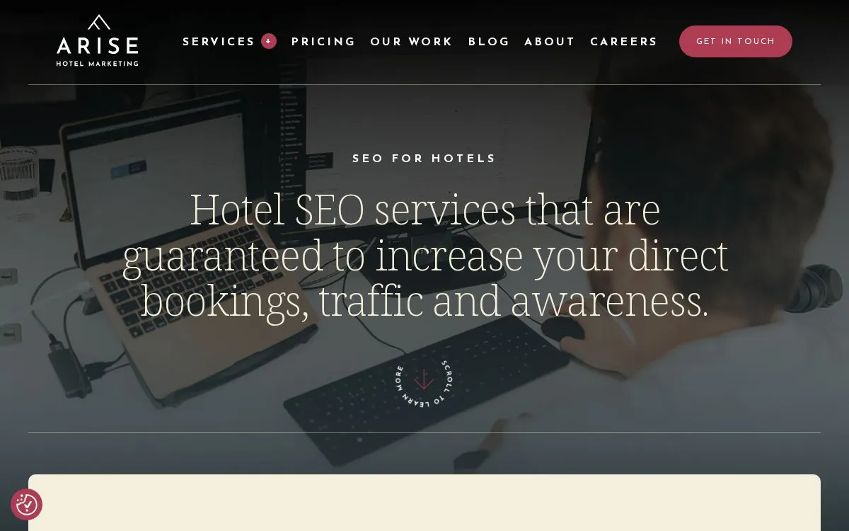 Arise Hotel Marketing: the measured page, above the fold, captured 2026-09-18
