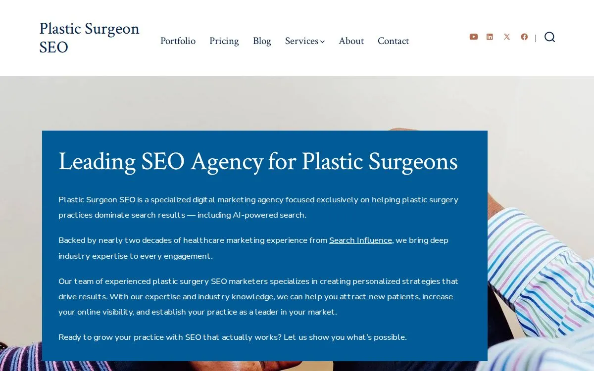 PlasticSurgeonSEO.com: la página medida, por encima del pliegue, capturada el 23 de septiembre de 2026