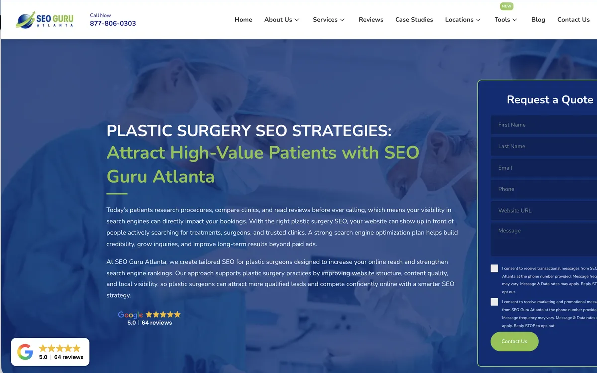 SEO Guru Atlanta: la página medida, por encima del pliegue, capturada el 23 de septiembre de 2026