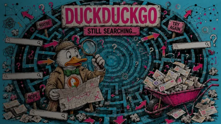 Why DuckDuckGo is bad: the DuckDuckGo duck lost in a maze of search results