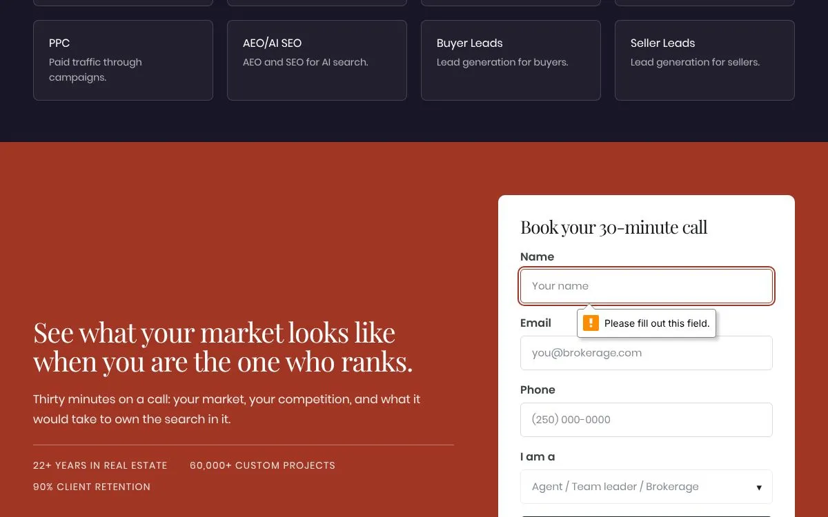 Real Estate Webmasters: the measured page, above the fold, captured 2026-10-02